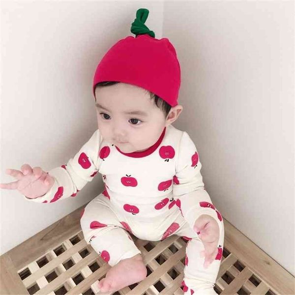 

baby boys girls cotton cute apple printed clothes sets infant kids pajama 3pcs set children toddler with cap 210508, White