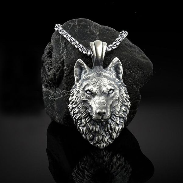 

men's fashion hip-hop wolf head retro necklace animal pendant with 60 cm stainless steel chain for male women jewelry gifts, Silver