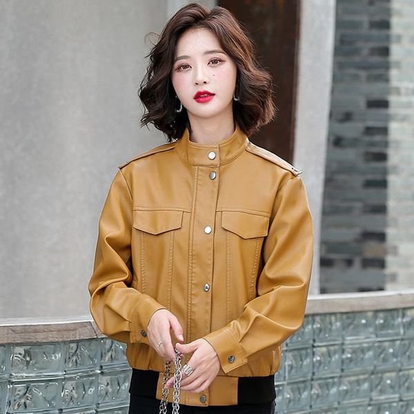 

women's leather & faux spring autumn yellow jacket women biker coat zippers outwear o-neck slim motorcycle pu coats female, Black