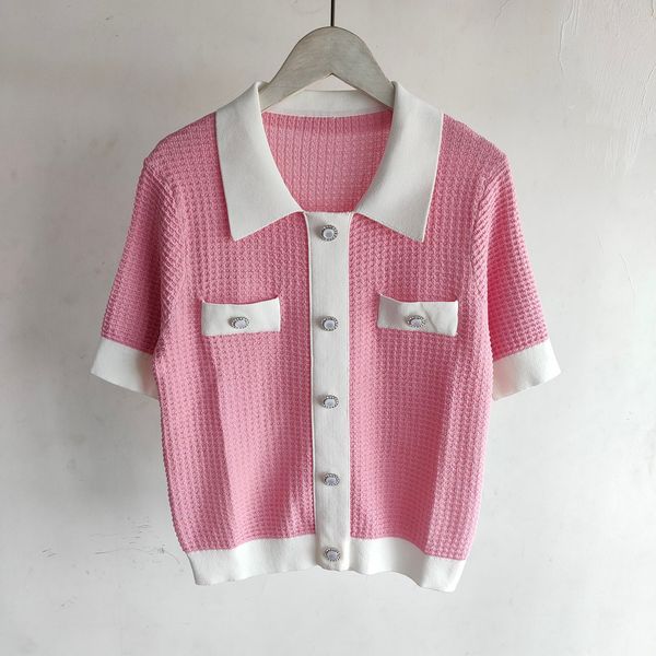 

320 2021 Summer Brand Same Style Short Sleeve Lapel Neck Kint Pink Sweater Women Clothes yiduo, White;black