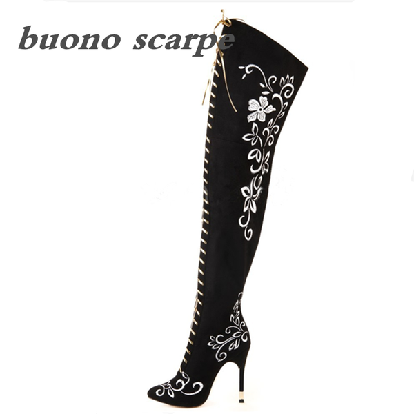

boots women's elegant fashion embroidered over the knee high-end custom, Black