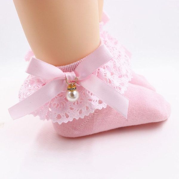 

socks 12pcs baby girl princess lace ruffle retro frilly pearl bow sweet kids cotton short, Pink;yellow
