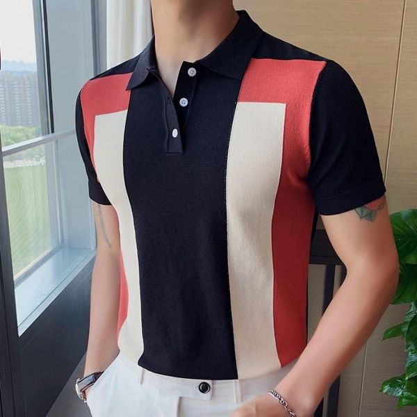 

men's t-shirts summer 2022 turn-down collar short sleeve pullover korean style slim spliced fashion casual blouse harajuku, White;black
