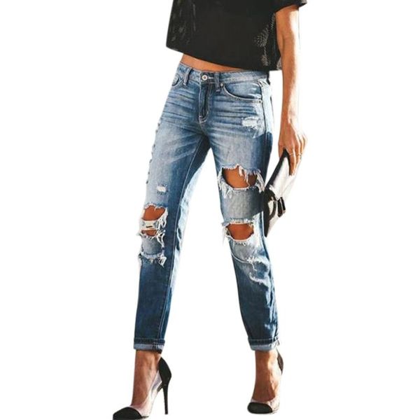

women denim pants hole casual blue jeans loose clothing trouser women's