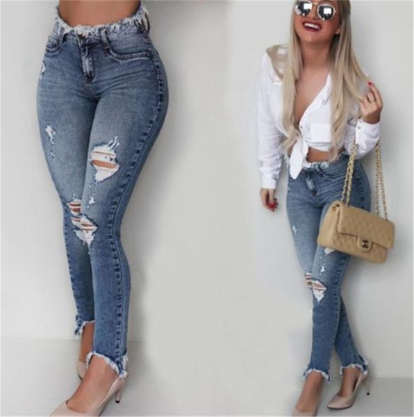 

women's ripped hole women designer fashion washed distrressed tessel pencil pants long trousers high waist skinny jeans, Blue