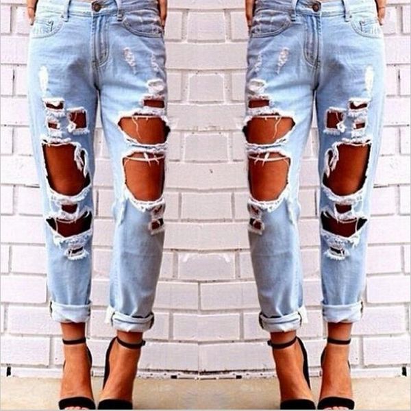 

women's jeans women denim skinny trousers high waist destroyed knee holes pants stretch female pockets full length, Blue