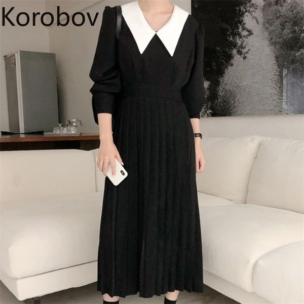

korobov korean chic vintage elegant office lady women dress autumn winter hit color patchwork dresses black vestidos femme 210430, Black;gray