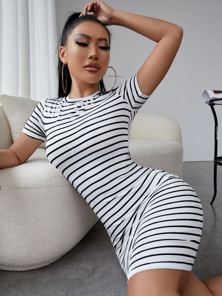 

sxy striped crew neck bodycon dress t6pg#, Black;gray
