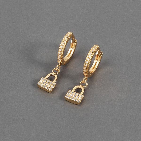 

hoop & huggie lock shape pendant earrings for women micro-inlaid zircon dangle personality crystal ear decoration jewelry m4, Golden;silver