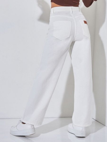 

petite solid high waist wide leg jeans e79p#, Blue