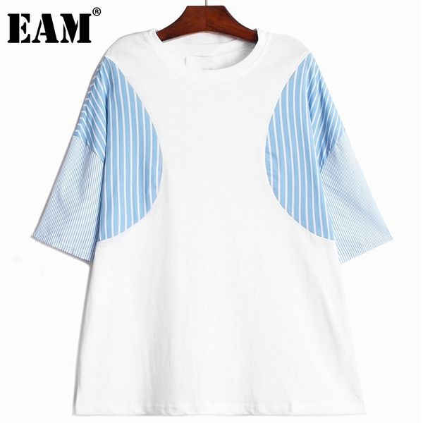 

[eam] women casual contrast color big size striped t-shirt round neck short sleeve fashion spring summer 1dd8592 210512, White