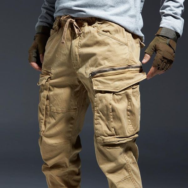 

men's cargo trousers ankle length cotton elastic waist band zipper many pocket black army military pants male streetwear fashion