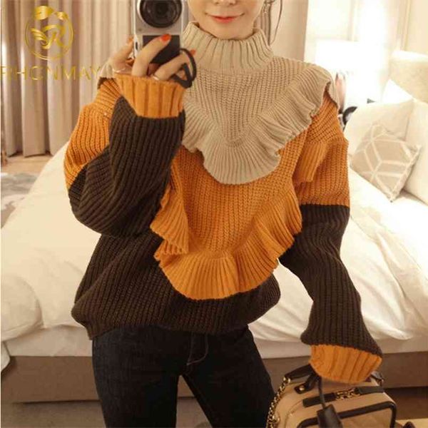 

thick needle autumn winter sweater women lotus leaf edge knitted s long sleeve high collar chic knitting 210506, White