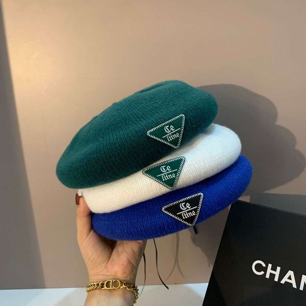 

hat embroidered triangular label beret version fashionable student versatile knitting artist warm and casual fashion in autumn, Blue;gray