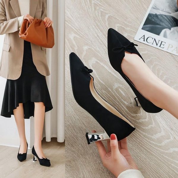 

dress shoes fashion bow women pumps female kitten heel sweet slip on pointed toe thin high heels ladies casual autumn, Black