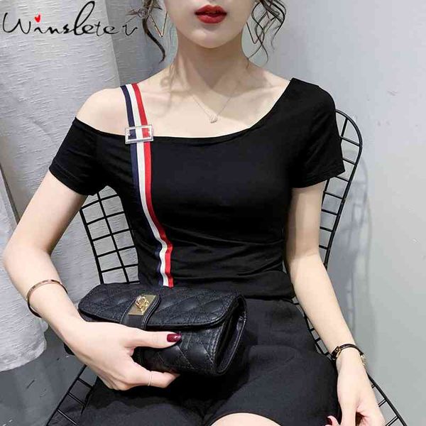 

women's t-shirt summer korean clothes cotton chic skew collar buckle straps women bottoming shirt all match tees t14504a, White