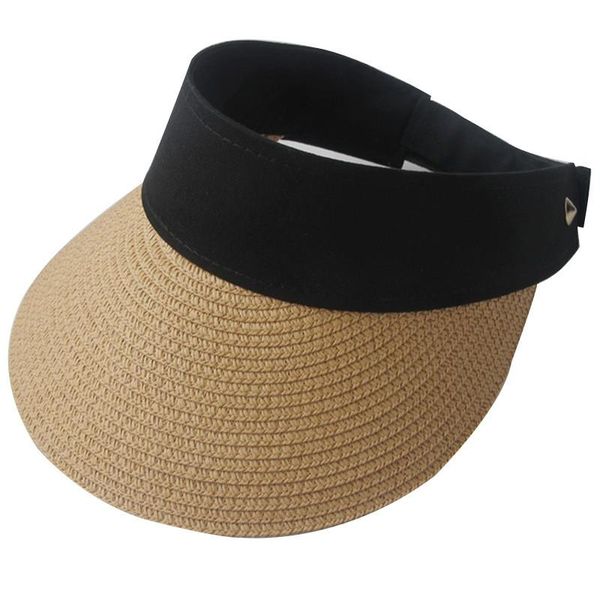 

wide brim hats fashion empty suncap portable foldable magic tape roll-up beach hat women sun casual straw cap visors, Blue;gray