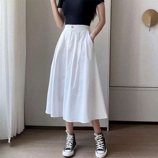 

solid color white women basic summer a-line skirts cotton high waist pleated plus size korean black wild bottoms 210421