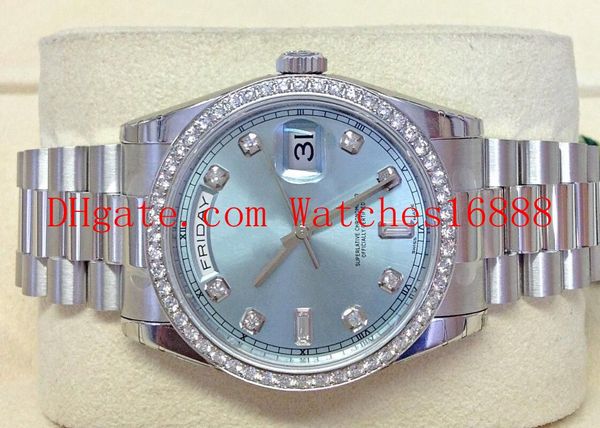 Relógios de pulso de aço inoxidável de alta qualidade Data-data 118346 Platinum Gelo Blue Diamond Machinery Machinery Mens Watch