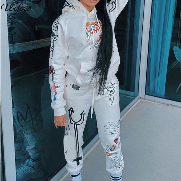 

women's tracksuits kancool print graffiti streetwear two 2 piece set tracksuit female white black hoodies pants women matching outfits, Gray