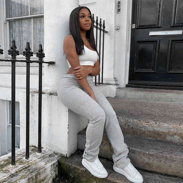 

women stacked sweatpant high waist jogger ruched pants gym sweat pant fashion streetwear korean style grey trousers 210517, Black;white