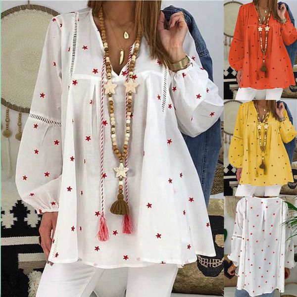 

women's t-shirt blouse tshirts vintage v neck star printed hollow out long lantern sleeve women solid loose s u9k7, White