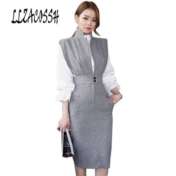 Mulheres 2 Piece Set Vestido Outono Branco Ruffles Stand Colar Blusa Topo + Grey Sem Mangas Negro Coleira Lápis Sala 210514