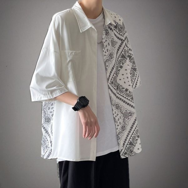 

2021 new men's short sleeved ice silk shirt korean summer trend cashew flower coat fried street, White;black