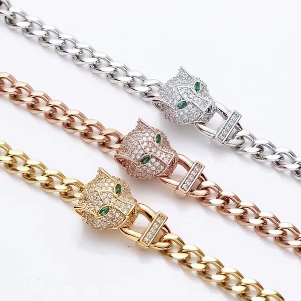 

new arrival 18k gold plated stainless steel cz green eyes leopard head bracelet bangle for women 2019 new luxury fashion jewelry, Golden;silver