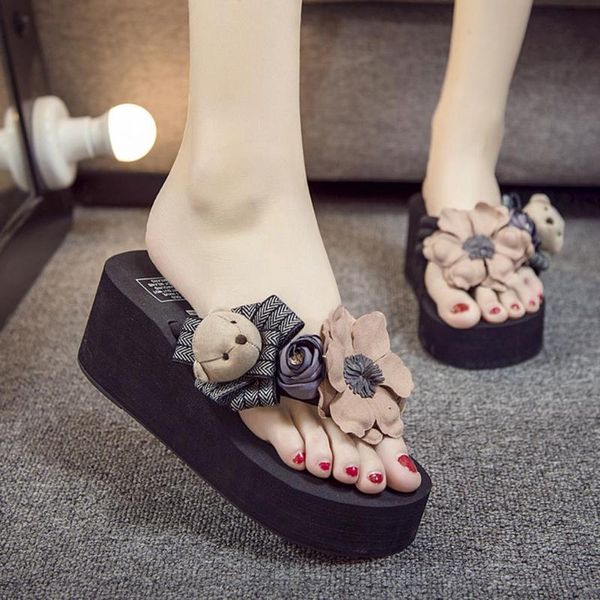 

slippers women flip flops 2021 arrival girls cartoon floral wedges sandals beach shoes female outdoor, Black