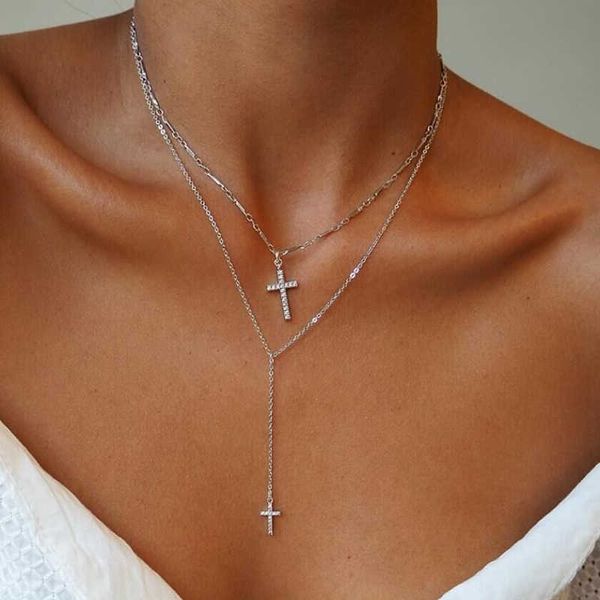 

designer necklace cross pendants jewelry vintage aesthetic chain choker with rhinestones long one piece gift for mom woman clothing 2021, Silver