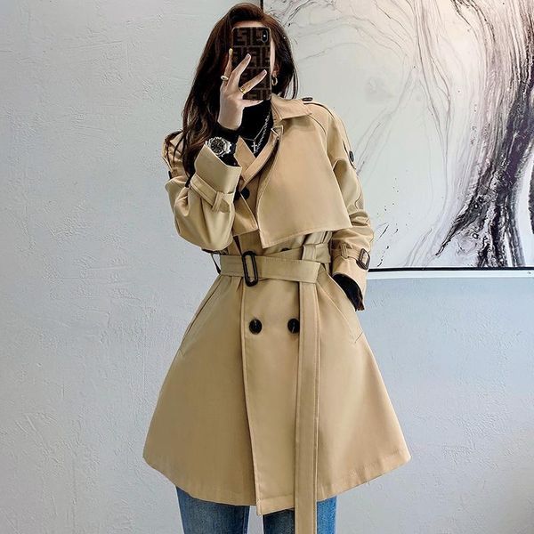 

women's trench coats 2021 autumn fashion women coat sashes turn down collar long khaki black windbreaker femme casual loose streetwear, Tan;black