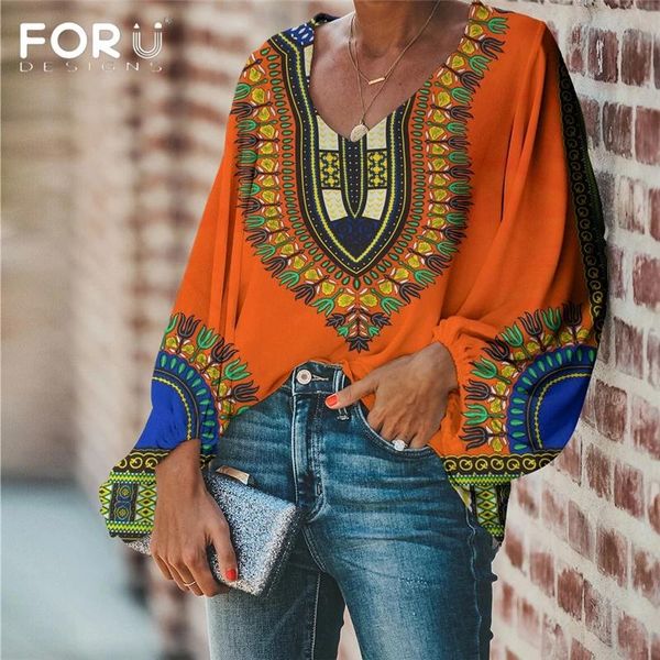 

women's blouses & shirts forudesigns large size african tribe pattern women blouse and shirt 2021 casual loose long sleeve v-neck femal, White