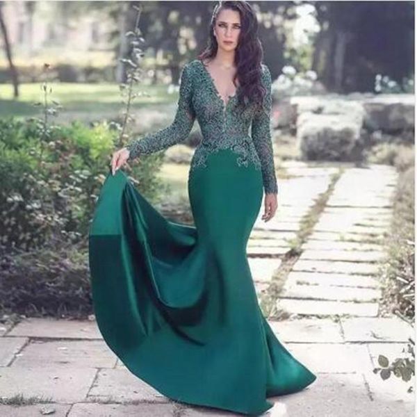 

casual dresses v-neck dark green satin mermaid formal lace appliques long sleeves prom party dress custom special occasion, Black;gray