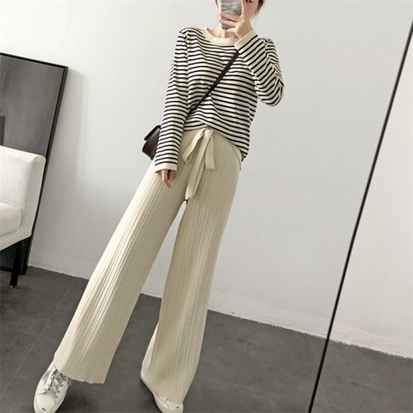 

women stripe sweater two piece knitted sets knit tracksuit chic pullover crewneck long sleeve wide leg pants 210520, White