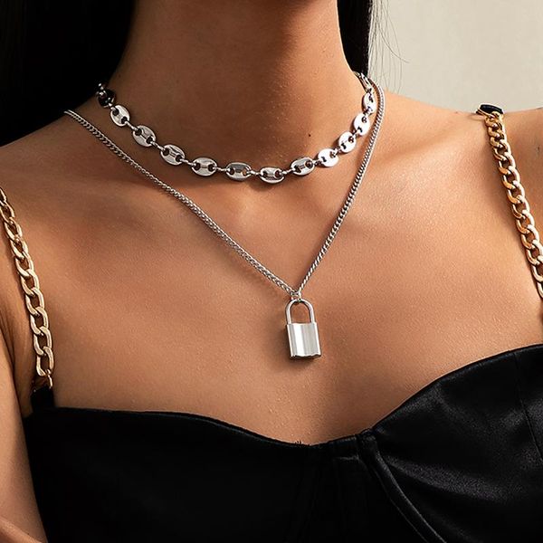 

pendant necklaces 1 set lock multi-layer for women girls classic simple exaggerated style pig nose chain clavicle, Silver