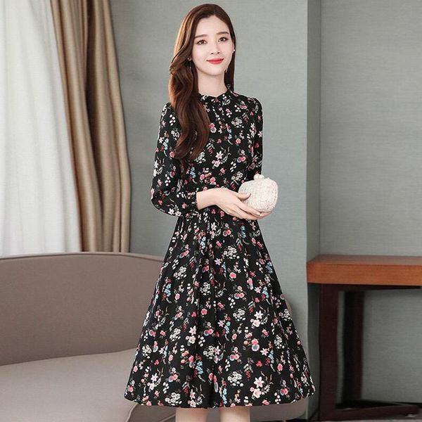 

casual dresses 2021 vintage floral print chiffon spring autumn 4xl plus size long sleeve dress elegant women bodycon party vestidos, Black;gray