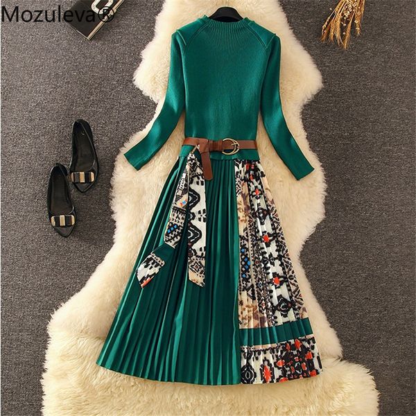 

souleva retro print plied elegant woman mesh midi winter dress long sleeve vintage belt, Black;gray