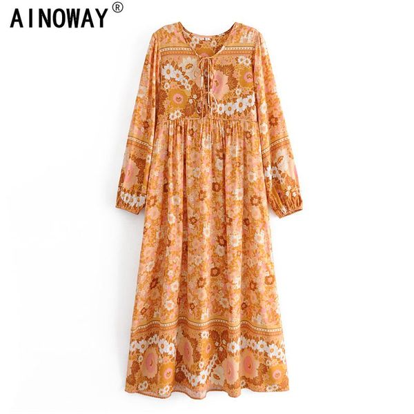

vintage chic women long sleeve neck tie ethnic yellow floral print beach bohemian maxi dress ladies rayon boho vestidos casual dresses, Black;gray