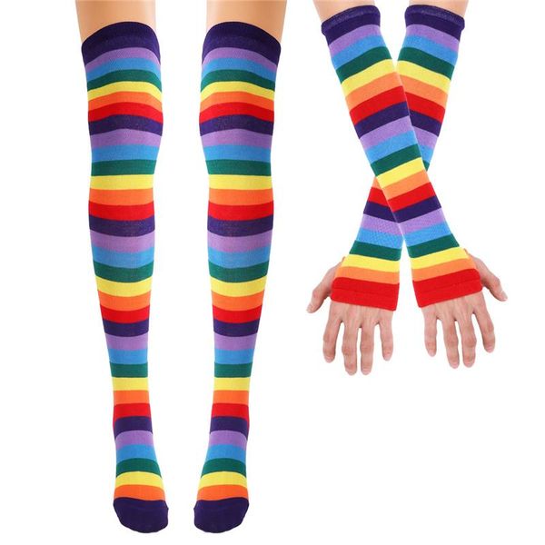 

socks & hosiery yizyif colorful rainbow stockings striped high thigh knee arm warmer gloves halloween costume party cosplay holiday gift, Black;white