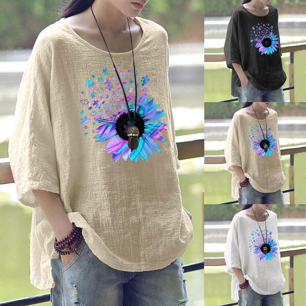 

women's blouses & shirts women summer print cotton blend round neck three-quarter sleeve female short loose t shirt long, White