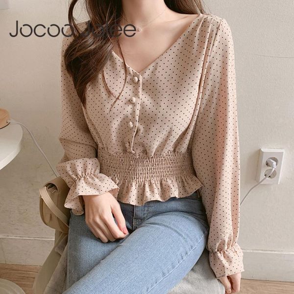 

women's blouses & shirts jocoo jolee elegant korean polka dot chiffon blouse v neck flare sleeve button ruffles short slim waist s, White