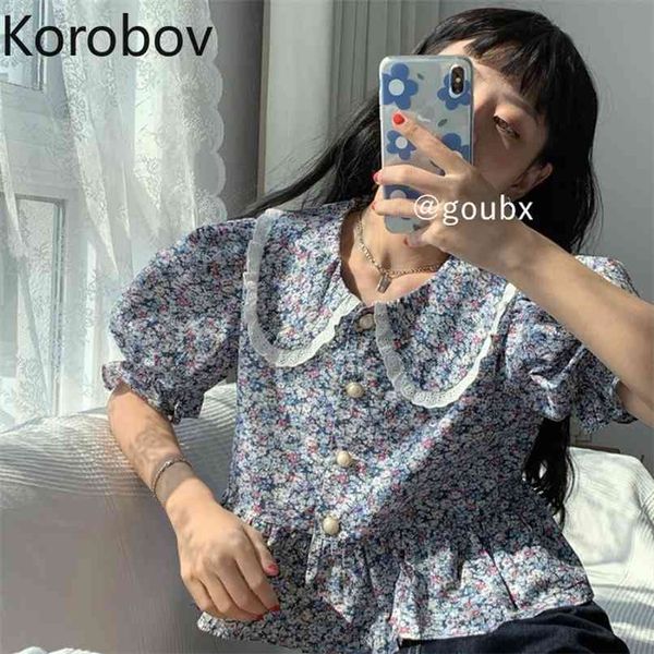 

korobov korean print peter pan collar women blouses vintage puff sleeve single breasted female shirts sweet chic mujer blusas 210730, White