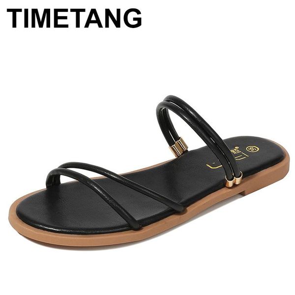 

timetangtwo ways wear narrow band flat sandals women black / white solid color crossover gladiator sandalias mujer beach slipper