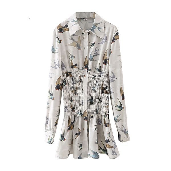 

rompers women little bird print shirt girl style down elastic collar long short mujer dress, Black;white