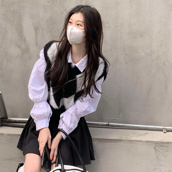 

party dresses 2021 women's college style v-neck rhombic mohair spring knitted vest jacket cyyo, White;black