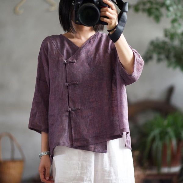 

women's blouses & shirts johnature 2021 spring fashion v-neck linen ramie shirt leisure retro long sleeve buttons women loose placket, White