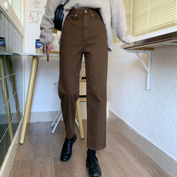 

2021 autumn new brown straight denim vintage slender office lady jeans women trousers high waist large size pants female kz703, Blue