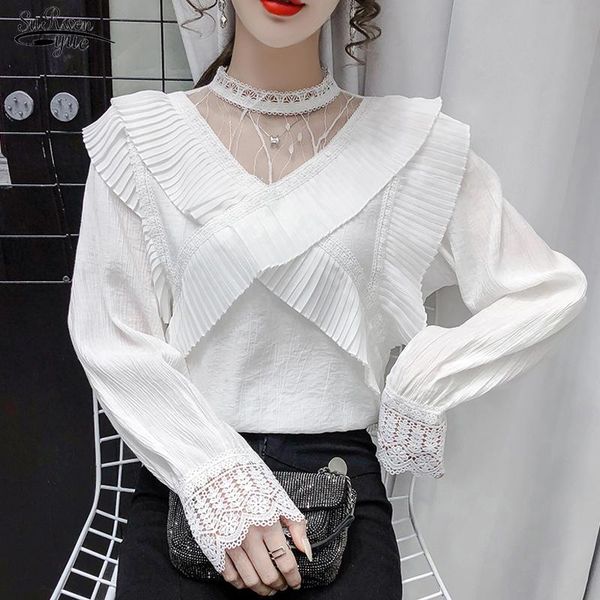 

women's blouses & shirts autumn hollow out long sleeve white blouse elegant ruffle mesh stitching women loose female 16369
