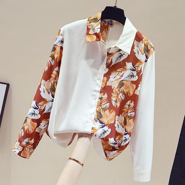 

women's blouses & shirts long sleeve women shirt blouse blusas mujer de moda 2021 turn down collar print chiffon blusa e512, White